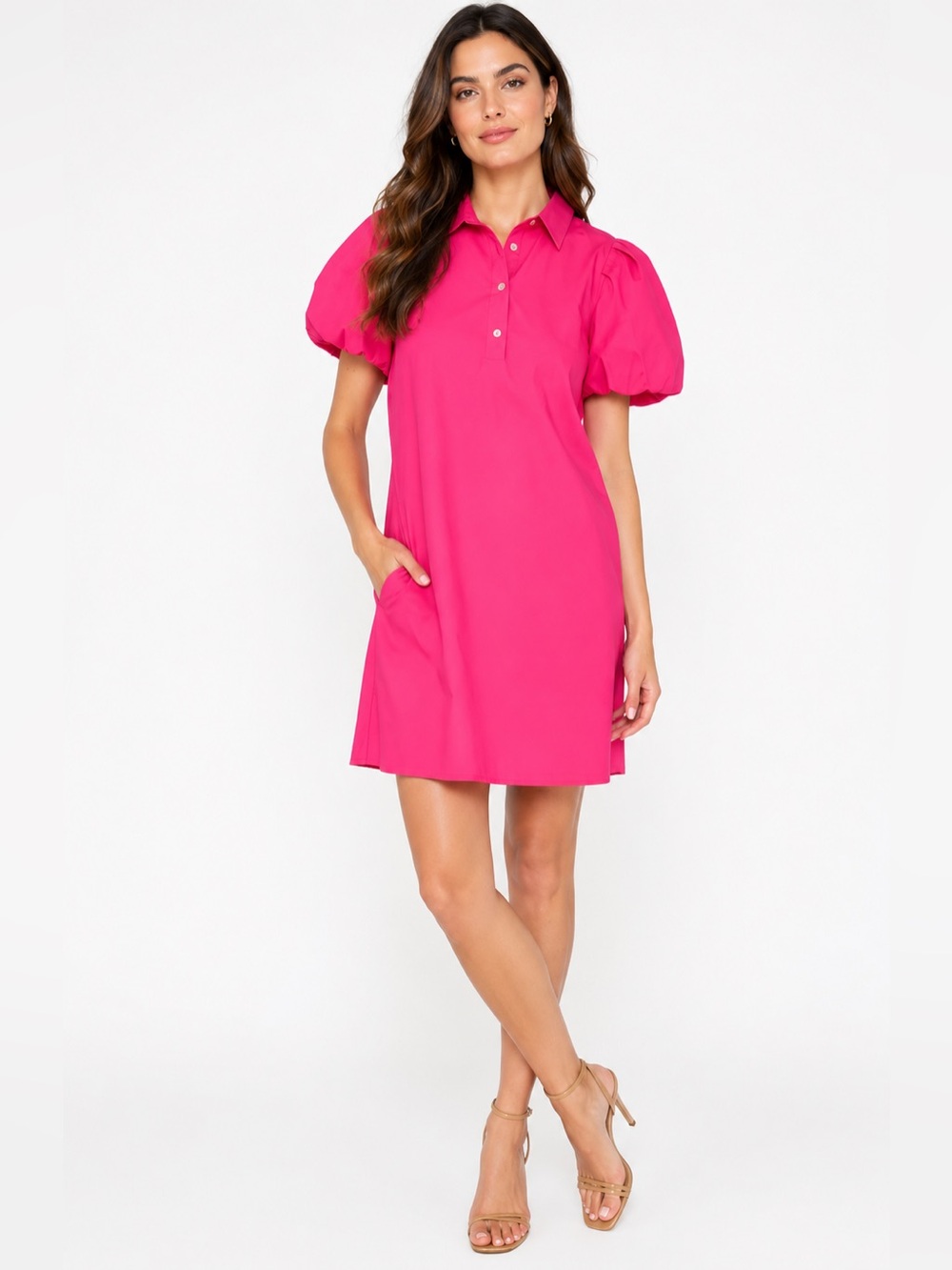 15. Halogen • NWT $90 USD Cotton Pink Puff-Sleeve Polo Dress PTP 20.5”